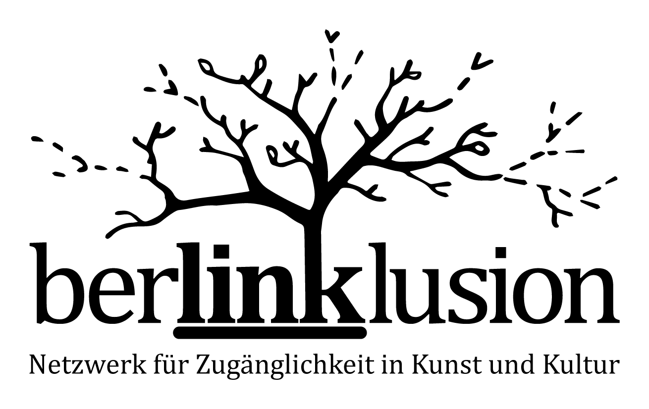 Logo Berlinklusion Logo Berlinklusion: In der unteren Bildhälfte steht der Schriftzug Berlinklusion Netzwerk für Zugänglichkeit in Kunst und Kultur. Aus dem Buchstaben K wächst ein Baum, das Wort "Link" in Berlinklusion ist unterstrichen.