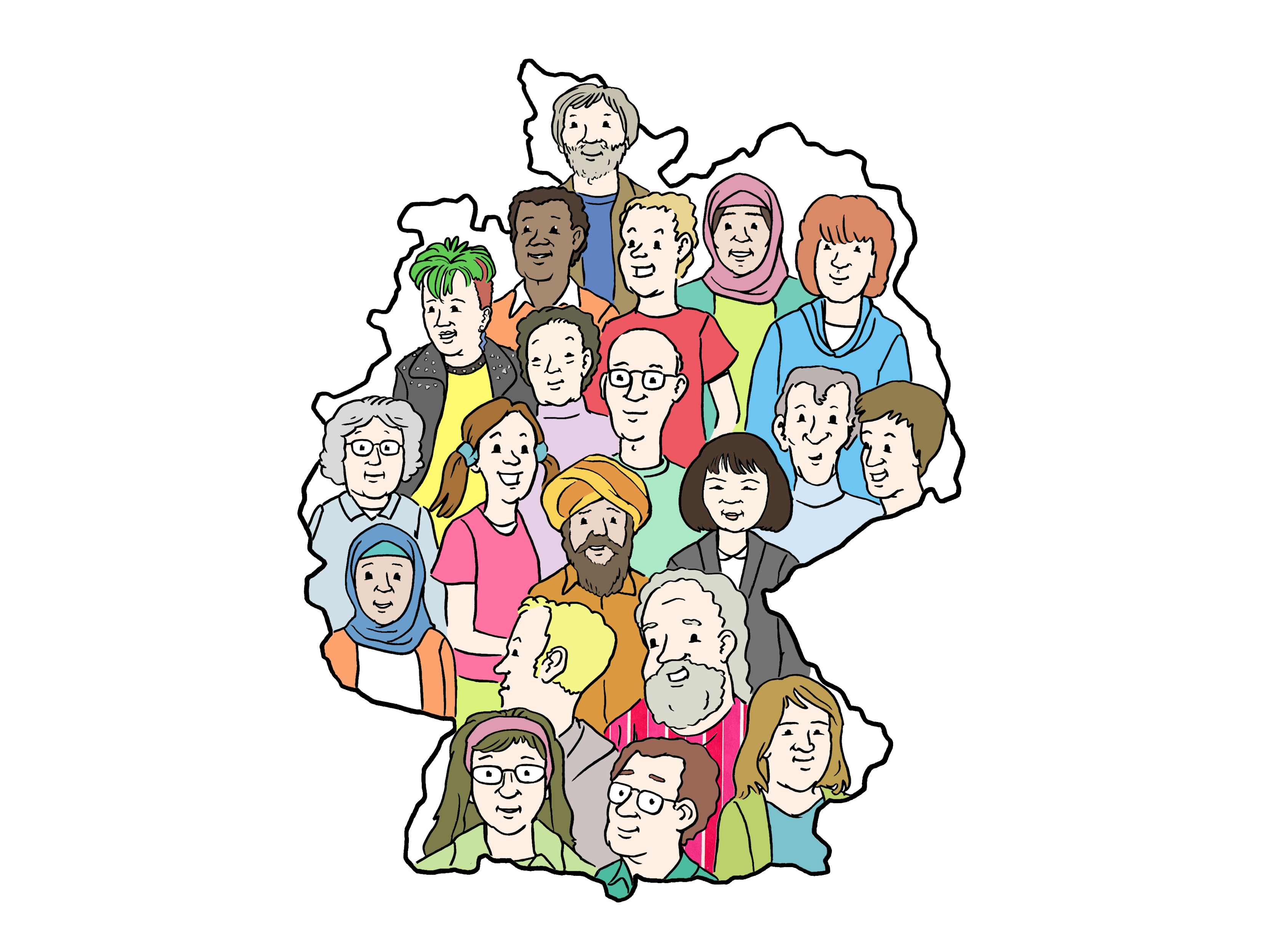 Deutschlands Gesellschaft ist divers Umriss von Deutschland. Innerhalb des Umrisses sind die Köpfe einer vielfältigen Gesellschaftsgruppe zu sehen