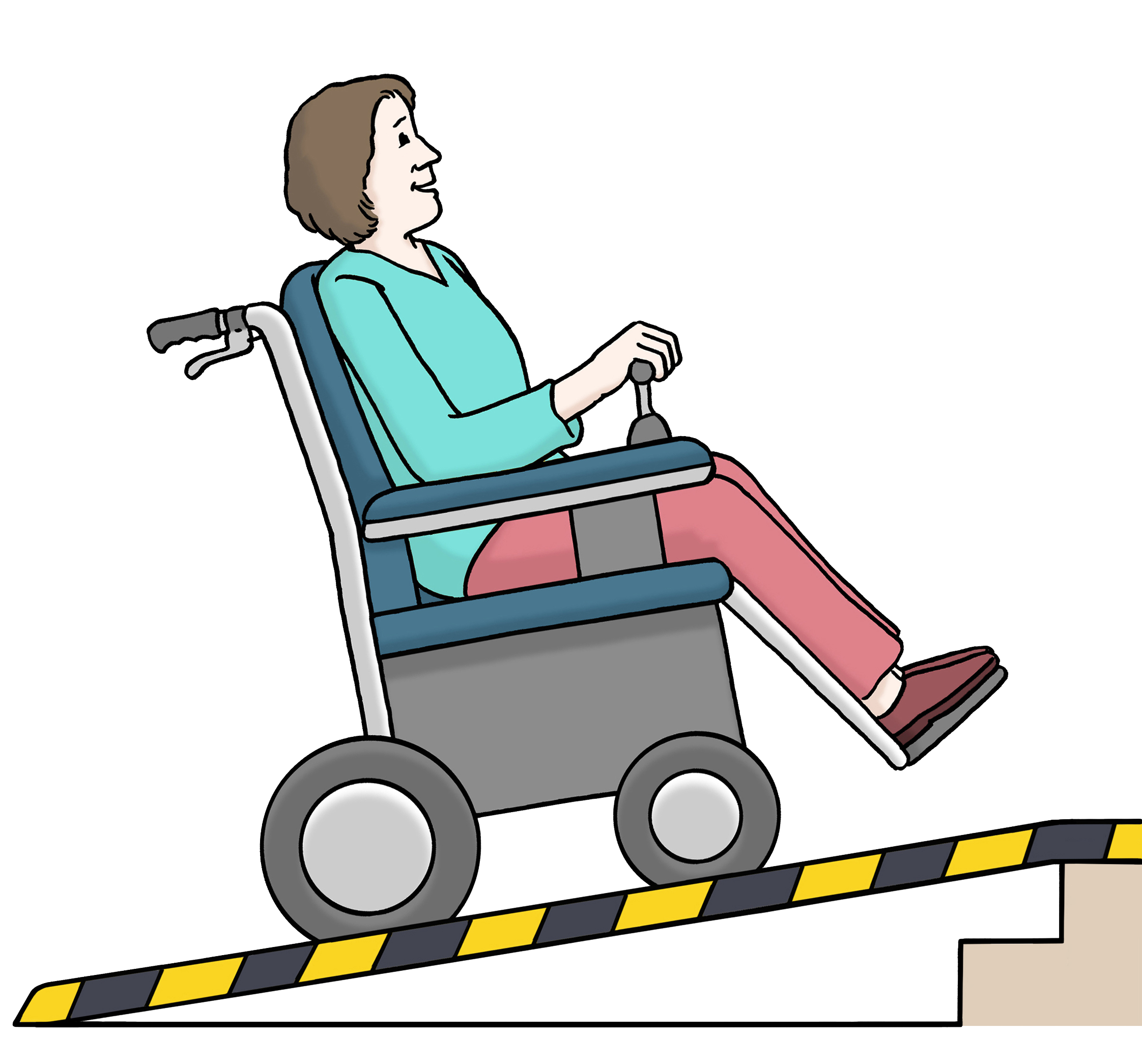 Rollstuhlnutzer*innen Ein Mensch im Rollstuhl nutzt eine Rampe, um zwei Stufen hochzufahren.