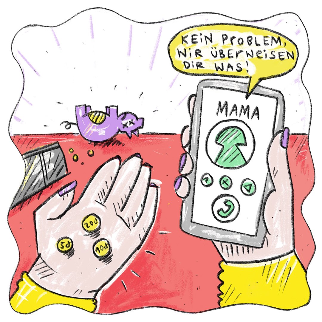 Finanzielle Unterstützung Ein geschlachtetes Sparschwein liegt am Boden, eine Person hält in einer Hand ein paar Cent, in der anderen ein Handy. Man sieht, dass Mama anruft und verspricht, Geld zu schicken.