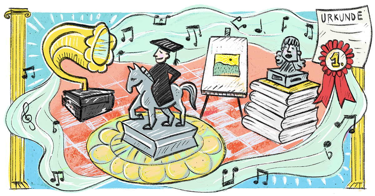 Kulturelles Kapital Symbole für kulturelles Kapital: Büchersammlung, Plattenspieler, Diplome, in der Mitte eine Person im Talar auf einer Reiterstatue