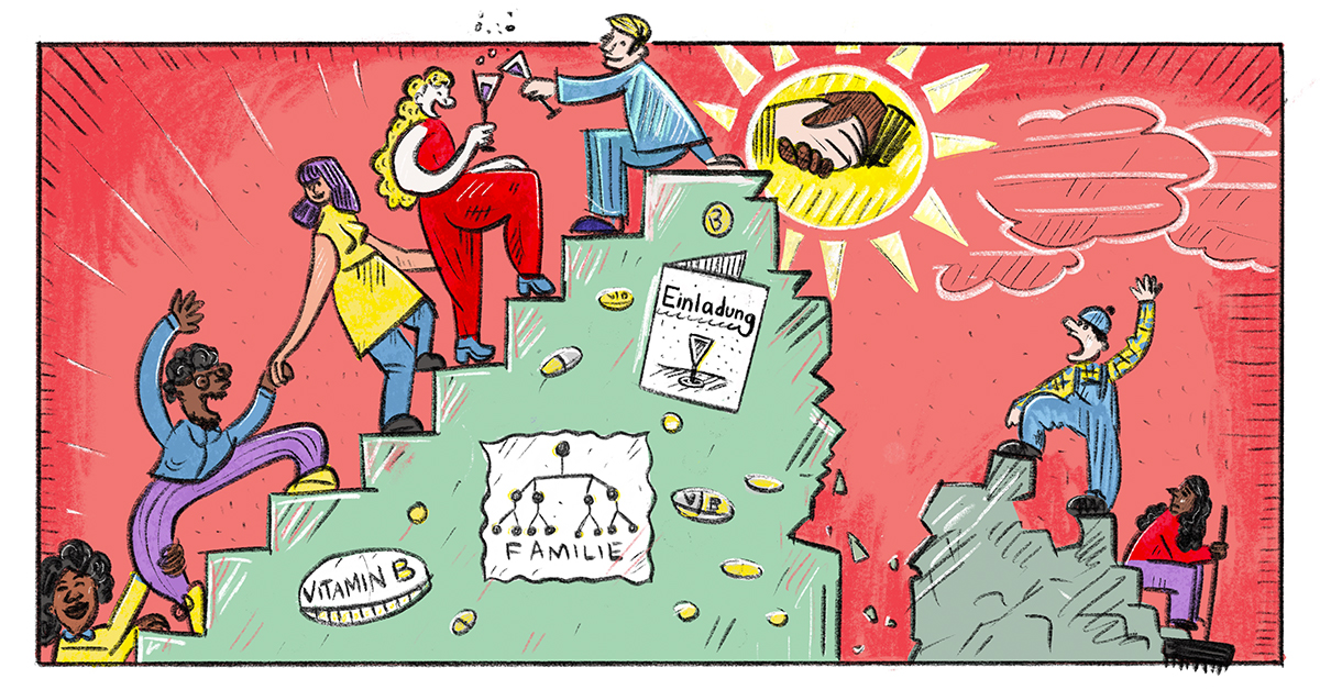 Soziales Kapital Symbole für soziales Kapital wie Stammbaum, Vitamin B-Tablette und eine Karriereleiter