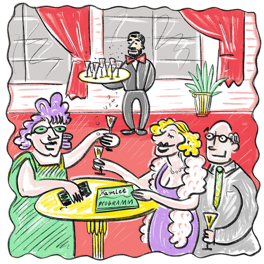 Theaterbesuch Drei ältere Menschen stehen im Foyer eines Theaters an einem Stehtisch und trinken Sekt