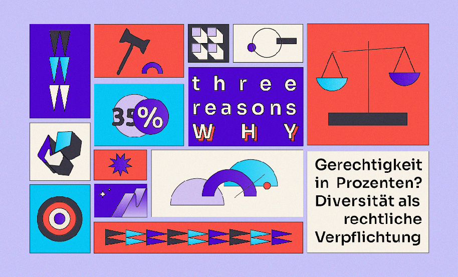 Three Reasons Why - Folge 1 Textbildgrafik: Titel Podcast + verschiedene Symbole für Recht wie Waage und Richterhammer