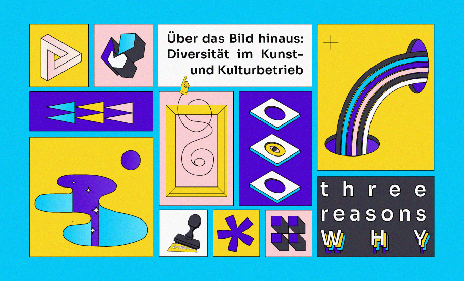 Three Reasons Why - Folge 3 Textbildgrafik: Titel Podcast + verschiedene Symbole für Kunst und Kunstförderung wie Bilderrahmen und Antragsstempel