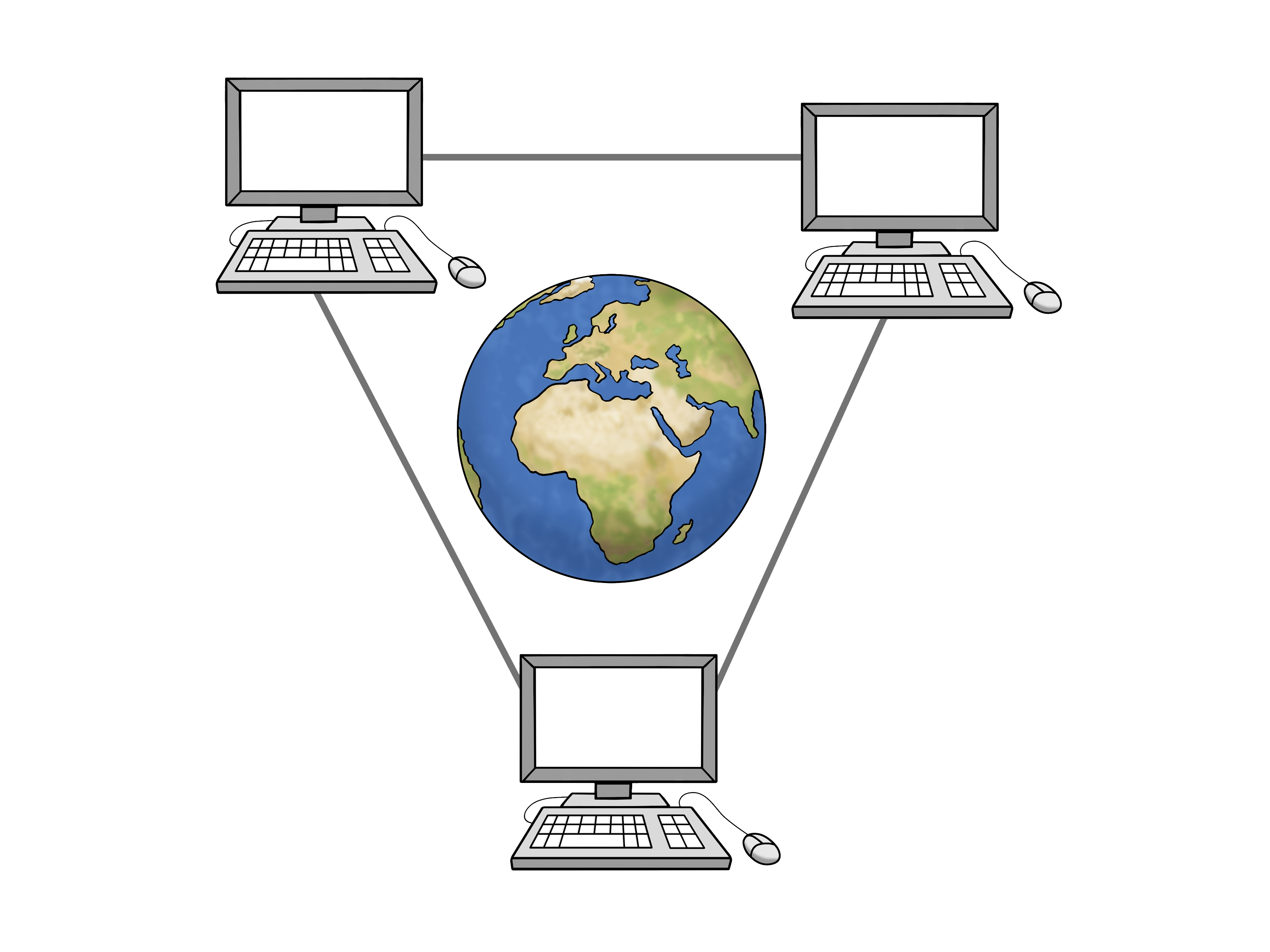 Internet Drei Computer sind über ein Kabel zu einem Dreieck verbunden. In der Mitte des Dreiecks ist die Erdkugel