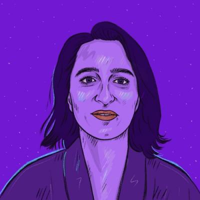 Auf lilafarbenem Hintergrund ist die Illustration eines Porträts von Eylem Senzeger zu sehen