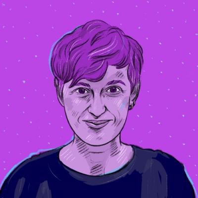Auf lilafarbenem Hintergrund ist die Illustration eines Porträts von Lisa Scheibner zu sehen