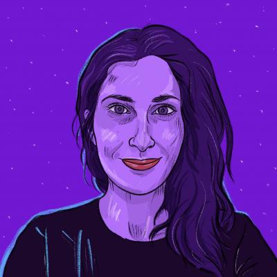 Auf blauem Hintergrund ist die Illustration eines Porträts von Larissa Hassoun zu sehen