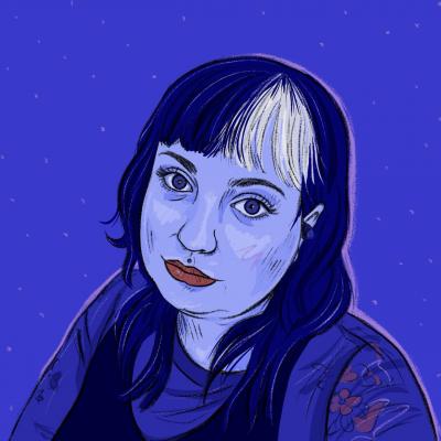 Auf blauem Hintergrund ist die Illustration eines Porträts von Rebecca Kronsteiner zu sehen
