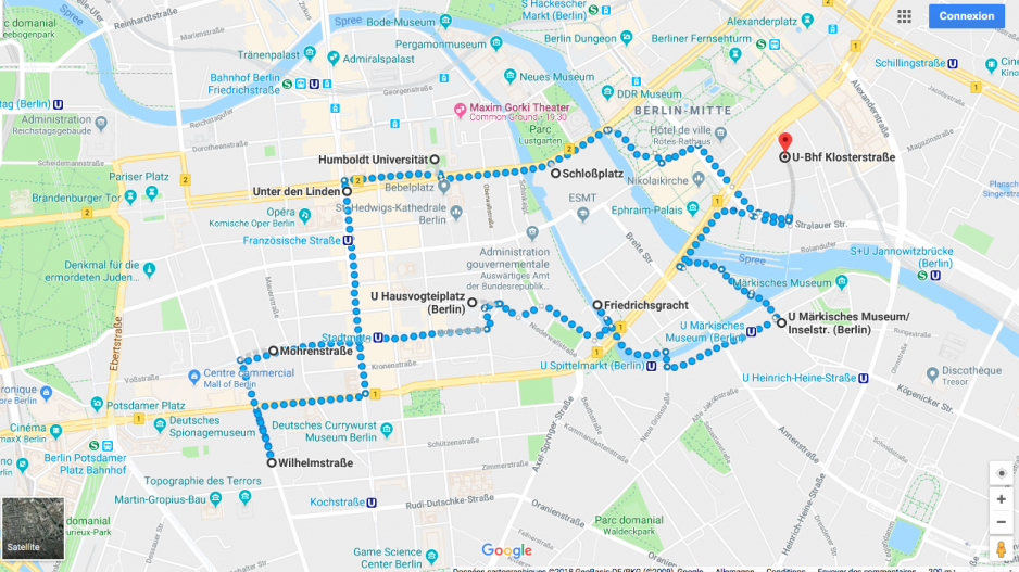 Route des Stadtrundgangs Route des Stadtrundgangs: über Schloßplatz, Humboldt Universität, Unter den Linden, Mohrenstraße, Wilhelmstraße, Hausvogteiplatz, Friedrichsgracht und Märkisches Museum