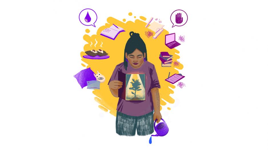Handlungsspielraum und Grenzen Eine PoC Person hält in der rechten Hand ein Buch mit einem Baum auf dem Cover, in der linken eine Gießkanne. Links von der Person sind Gegenstände wie Essen, ein Kissen und ein Schreibheft, die mit einem Wassertropfen als "positiv" gekennzeichnet sind. Rechts befinden sich ein Laptop und ein großer Bücherstapel, die mit einer ausgestreckten Hand als "Stoppsign" gekenntzeichnet sind.