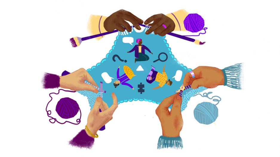Netzwerken Drei Paar Hände stricken an einem gemeinsamen Tuch. Die "Stricknadeln" sind Pinsel und Füller. Auf dem Tuch gibt es Werkzeuge und sprechende Figuren.