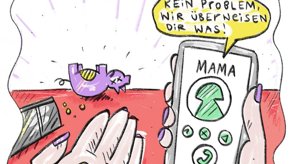 Finanzielle Unterstützung Ein geschlachtetes Sparschwein liegt am Boden, eine Person hält in einer Hand ein paar Cent, in der anderen ein Handy. Man sieht, dass Mama anruft und verspricht, Geld zu schicken.