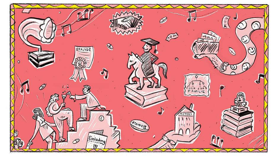 Klassismus im Kulturbetrieb Verschiedene Symbole für Klassismus im Kulturbetrieb wie z.B. Bücherstapel und Plattenspieler, Diplom, Geld