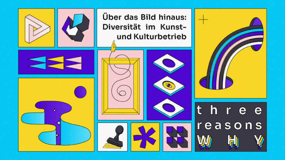 Three Reasons Why - Folge 3 Textbildgrafik: Titel Podcast + verschiedene Symbole für Kunst und Kunstförderung wie Bilderrahmen und Antragsstempel