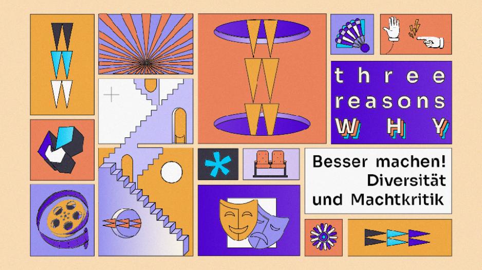 Three Reasons Why - Folge 2 Textbildgrafik: Titel Podcast + verschiedene Symbole für institutionelle Strukturen wie Treppen, die gleichzeitig hoch und runter laufen