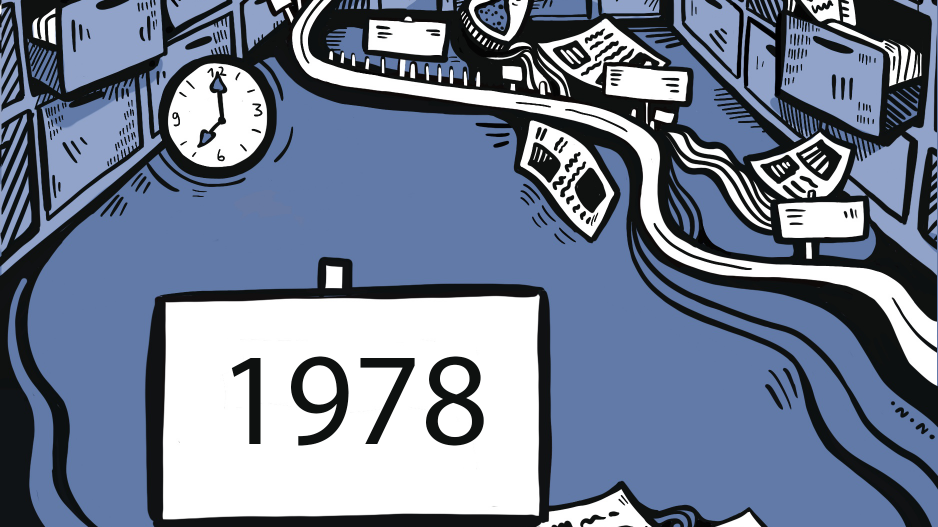 Zeitstrahl 1978 Aktenschränke mit geöffneten Schubladen, aus denen Zettel fliegen, eine Uhr, unten links ein Schild mit der Jahreszahl 1978