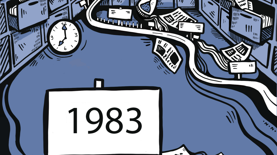 Zeitstrahl 1983 Aktenschränke mit geöffneten Schubladen, aus denen Zettel fliegen, eine Uhr, unten links ein Schild mit der Jahreszahl 1983