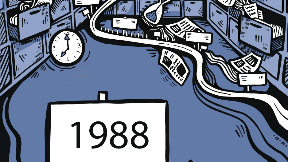Zeitstrahl 1988 Aktenschränke mit geöffneten Schubladen, aus denen Zettel fliegen, eine Uhr und ein Stundenglas, oben links ein Schild mit der Jahreszahl 1988