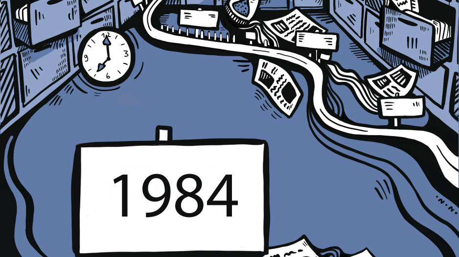 Zeitstrahl 1984 Aktenschränke mit geöffneten Schubladen, aus denen Zettel fliegen, eine Uhr und ein Stundenglas, unten links ein Schild mit der Jahreszahl 1984