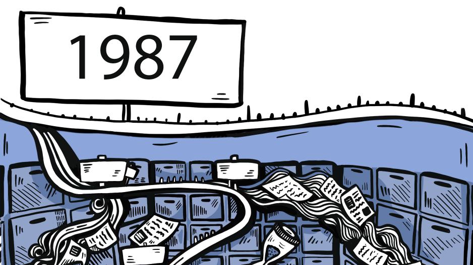 Zeitstrahl 1987 Aktenschränke mit geöffneten Schubladen, aus denen Zettel fliegen, eine Uhr und ein Stundenglas, oben links ein Schild mit der Jahreszahl 1987