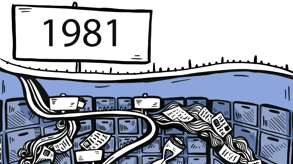 Zeitstrahl 1981 geöffnete Aktenschränke, aus denen Papiere fliegen, eine Uhr, ein Schild mit der Jahreszahl 1981