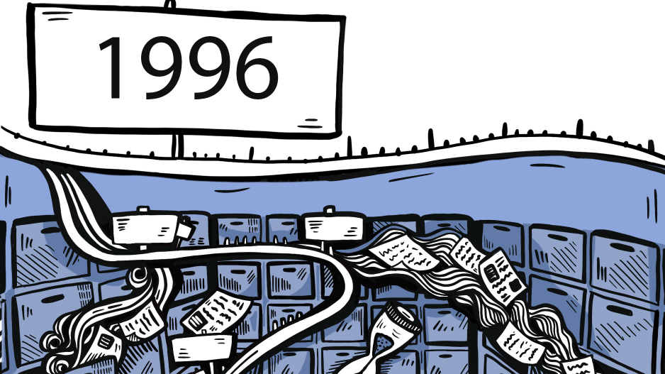 Zeitstrahl 1996 Aus geöffneten Aktenschränken fliegen Papiere, eine Uhr und eine Sanduhr deuten auf das Verstreichen von Zeit hin