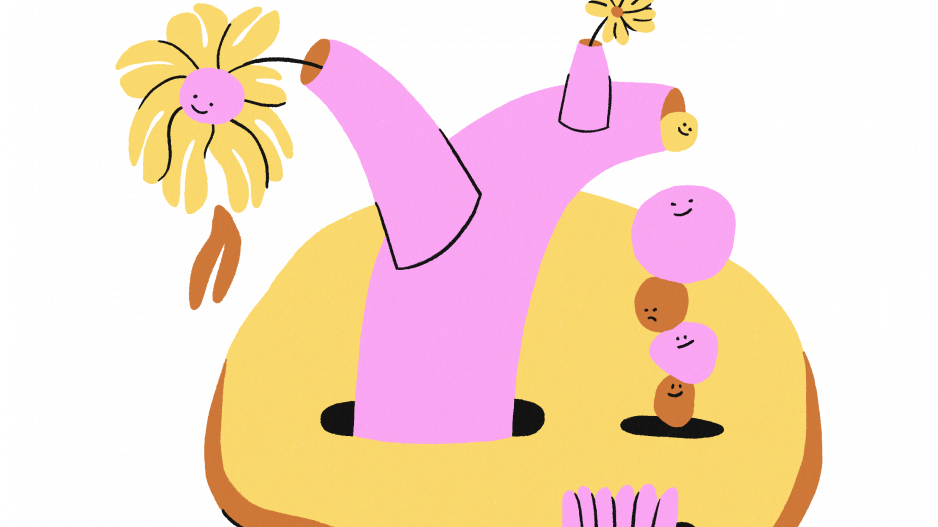 Das Bild zeigt einen rosafarbenen Baum mit kleinen Ästen und gelben Blumen, die daran wachsen. Um den Baum herum sind flache gelbe Scheiben, die den Baum einkreisen. Darauf sind Steine gestapelt, die sich im Gleichgewicht halten.