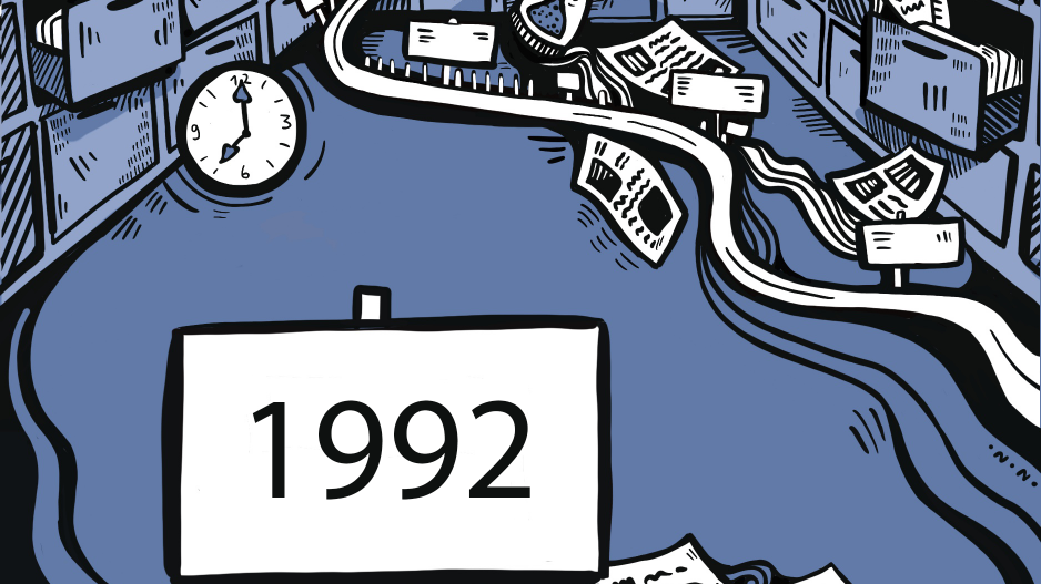 Zeitstrahl 1992 Aus geöffneten Aktenschränken fliegen Papiere, eine Uhr und eine Sanduhr deuten auf das Verstreichen von Zeit hin