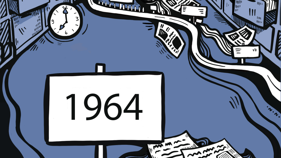 Zeitstrahl – 1964 Aus geöffneten Aktenschränken fliegen Papiere, eine Uhr und eine Sanduhr deuten auf das Verstreichen von Zeit hin