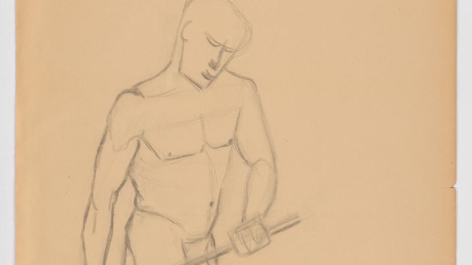 Stehender männlicher Akt mit Stock Skizze eines männlichen Akts