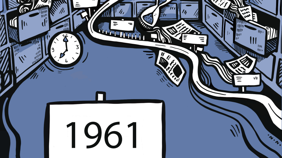 Aus geöffneten Aktenschränken fliegen Papiere, eine Uhr und eine Sanduhr deuten auf das Verstreichen von Zeit hin