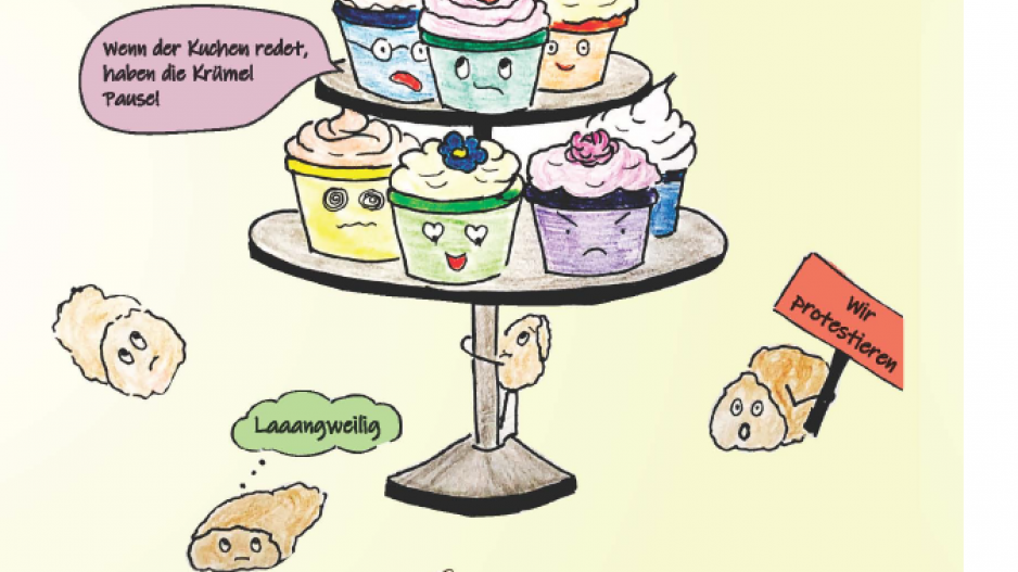 Adultismus Auf einer Etagere stehen bunte Cupcakes mit Gesichtern. Ein Cupcake sagt: Wenn der Kuchen redet, haben die Krümel Pause. Am Boden gibt es Krümel. Ein Krümel hält ein Schild "Wir demonstrieren". Ein anderer Krümel denkt "Langweilig".