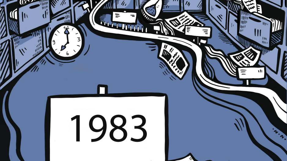 Aus geöffneten Aktenschränken fliegen Papiere, eine Uhr und eine Sanduhr deuten auf das Verstreichen von Zeit hin