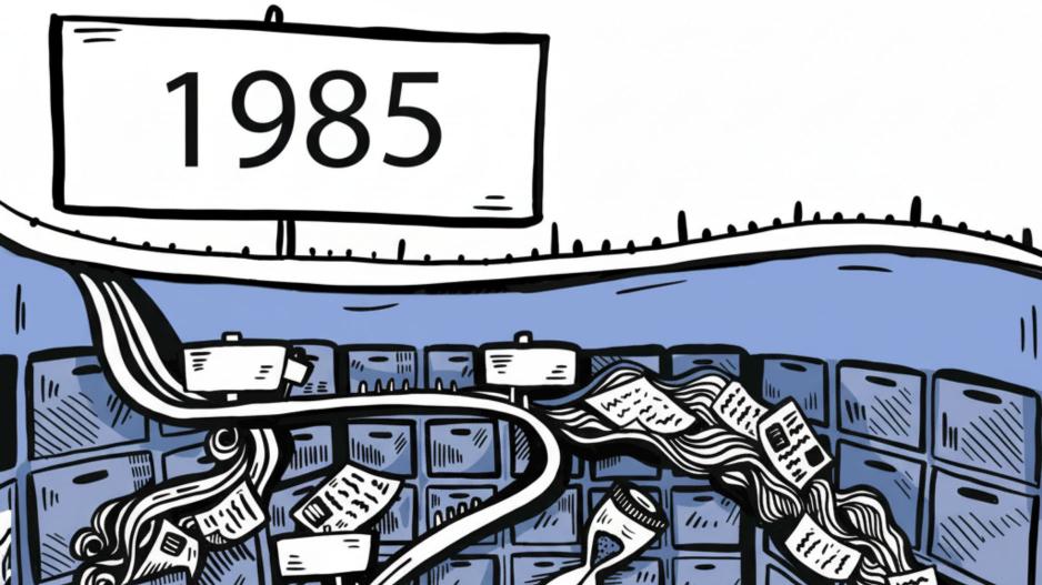 Geöffnete Archivschränke aus denen Blätter fallen, Uhren und ein Schild mit der Jahreszahl 1985